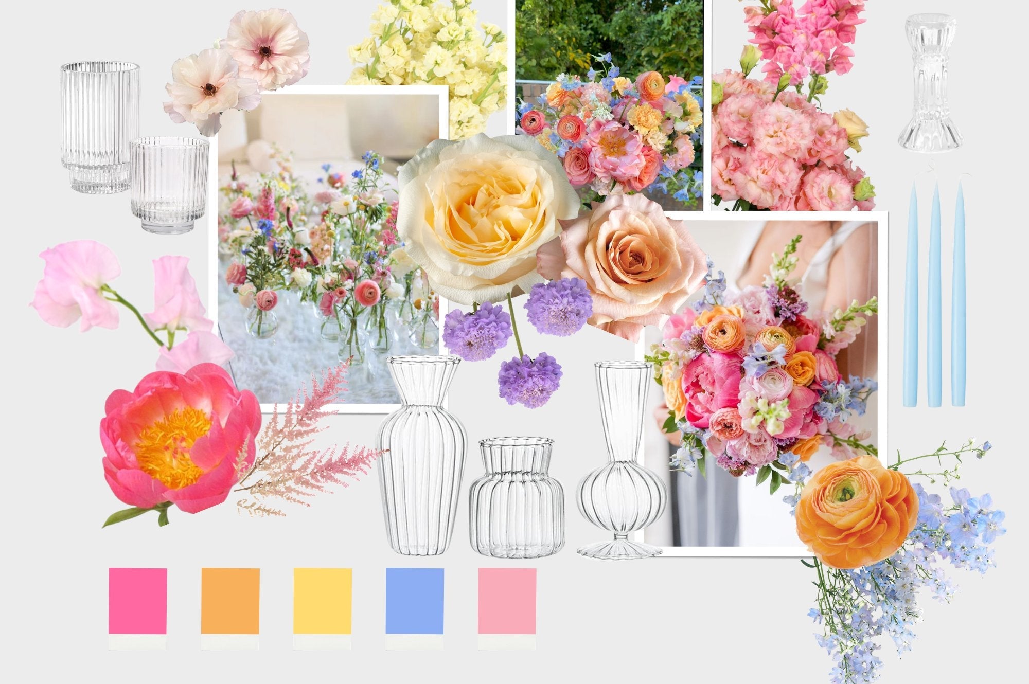 Wedding flower moodboard with coral peonies, garden roses, ranunculus, sweet peas and delphinium in pink, orange, yellow and blue, with bud vases and taper candles — The Flower Bar, Larchmont NY