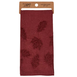 Burgundy kitchen towel with embroidered leaf pattern, 20" x 30" size.