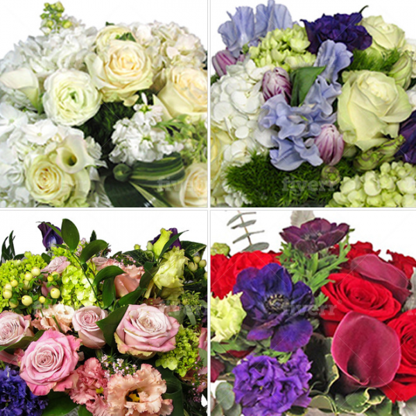 Four seasonal bouquets featuring cream roses, purple anemones, pink garden roses, and red roses with green hydrangeas and carnations in glass vases.