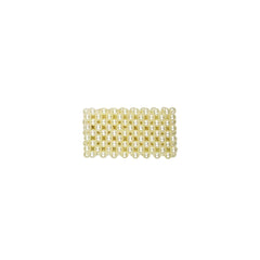 Rectangular beaded clutch with cream and gold pearl embellishment in a woven lattice pattern.