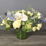 Lush cylinder vase arrangement with white orchids and roses, yellow spray roses, blue delphinium, and white baby's breath with preserved leaf collar.