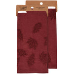 Burgundy kitchen towels with embroidered rose designs, packaged as a set of two 20" x 26" towels.