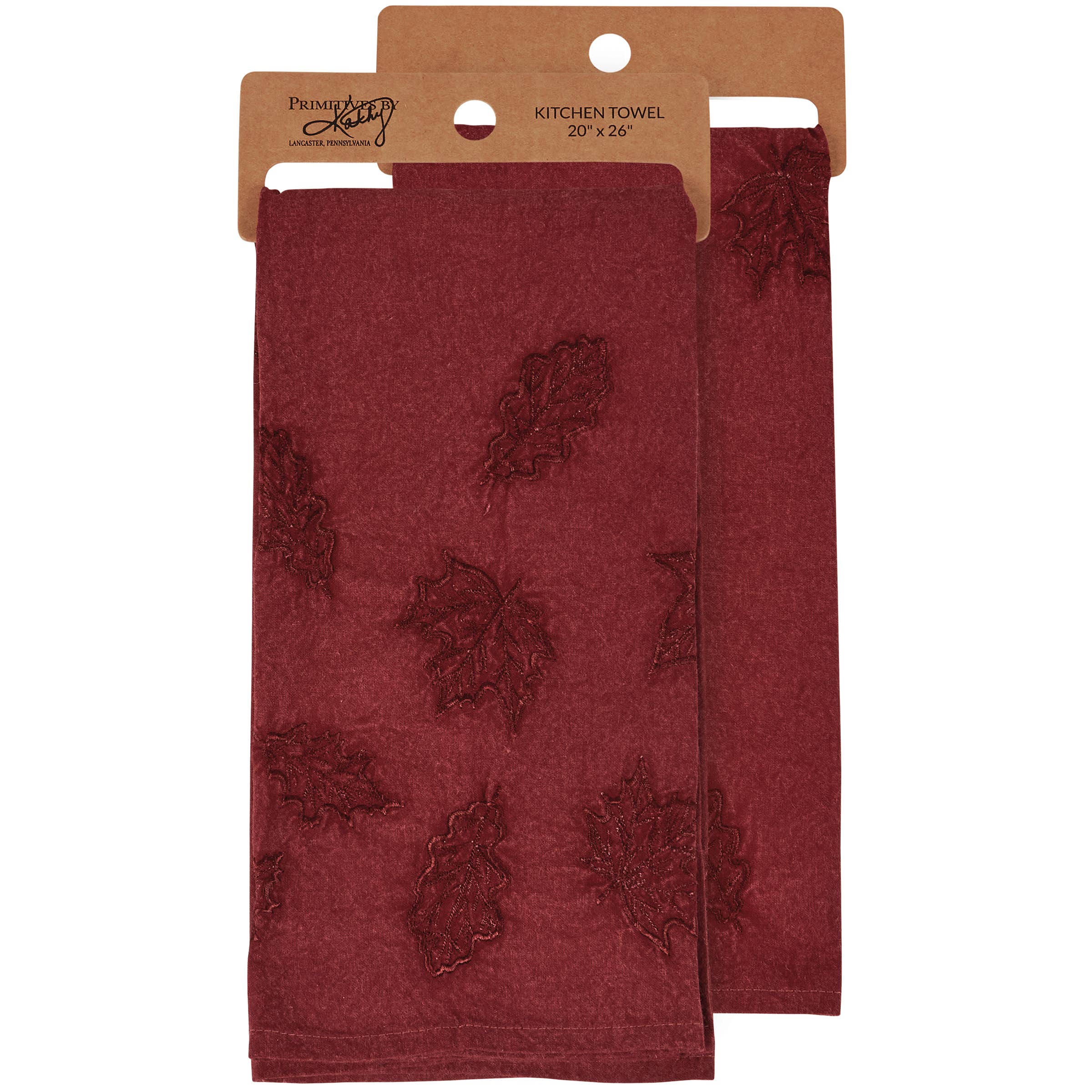 Burgundy kitchen towels with embroidered rose designs, packaged as a set of two 20" x 26" towels.