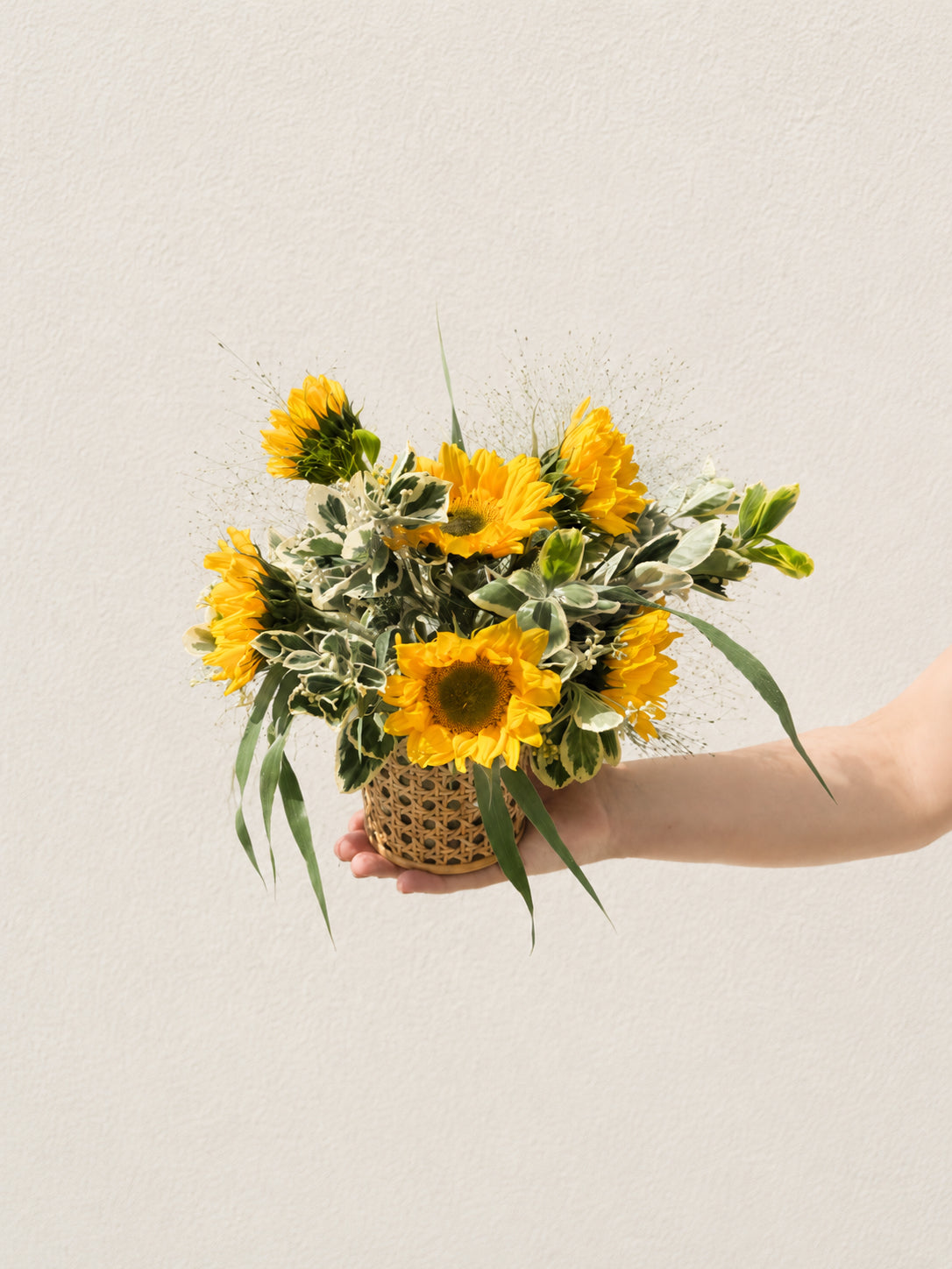 Petite sunflower arrangement with six sunflowers and variegated greens in a wicker cylinder vase
