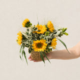 Petite sunflower arrangement with six sunflowers and variegated greens in a wicker cylinder vase
