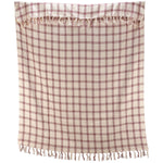 Burgundy and cream plaid throw blanket with fringe trim displayed against a white background.