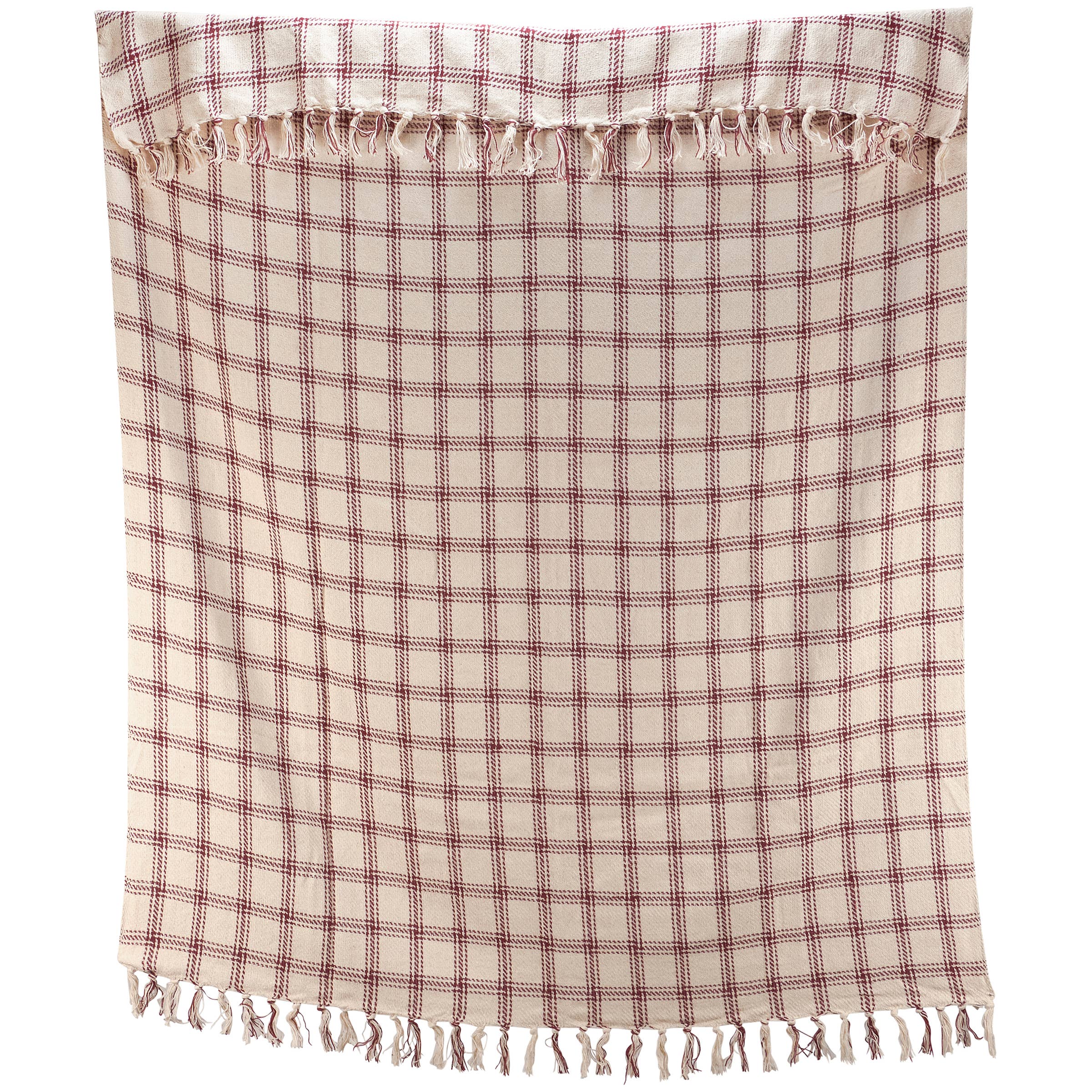 Burgundy and cream plaid throw blanket with fringe trim displayed against a white background.