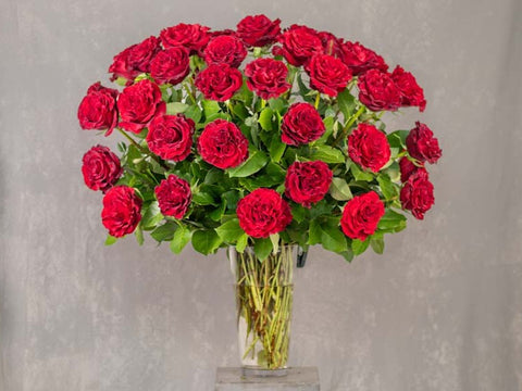Luxurious bouquet of fifty red roses arranged in a clear glass vase with lush green foliage and stems. — The Flower Bar, Larchmont NY