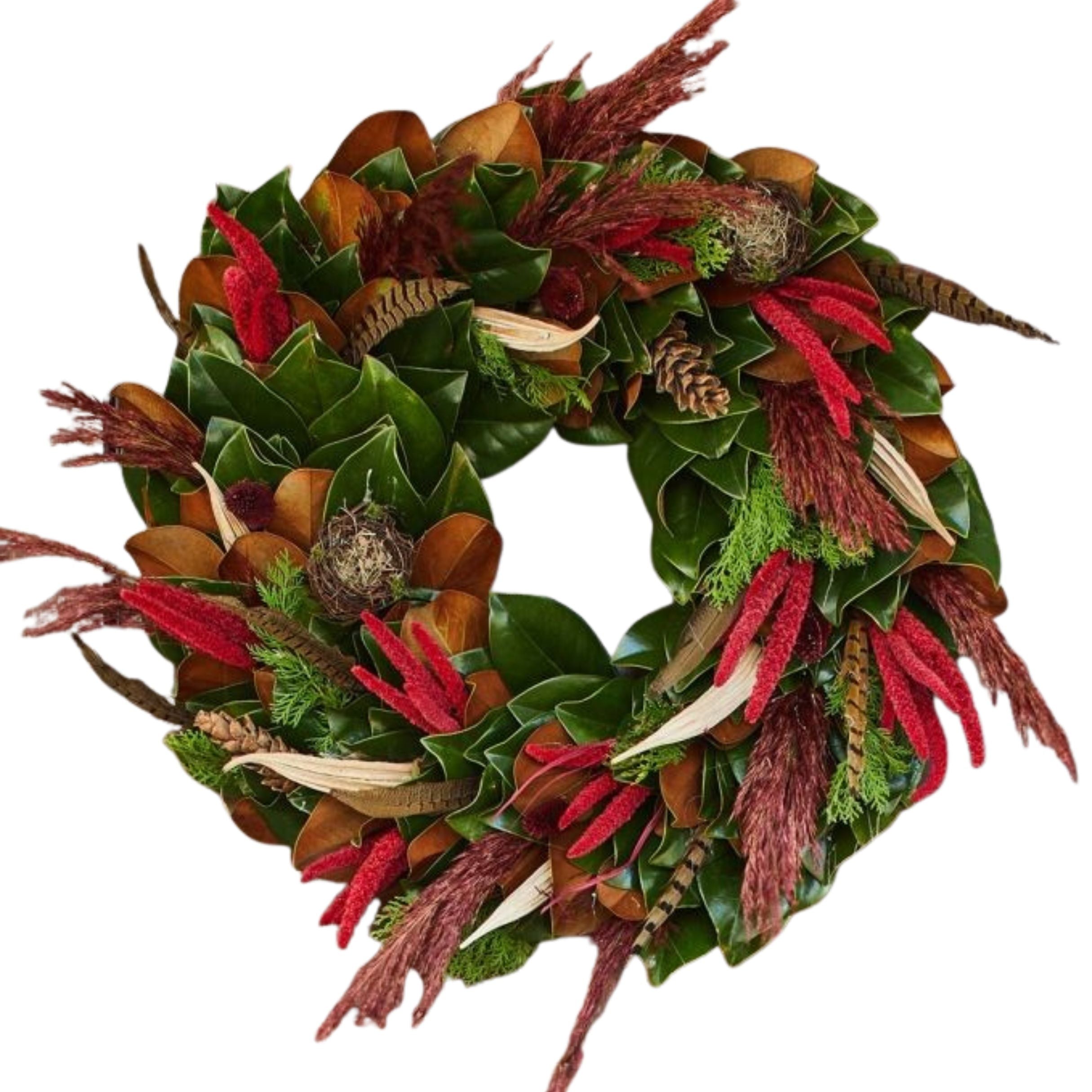 Autumn wreath featuring red celosia, burgundy amaranthus, dried grasses, and green foliage arranged in a circular design.