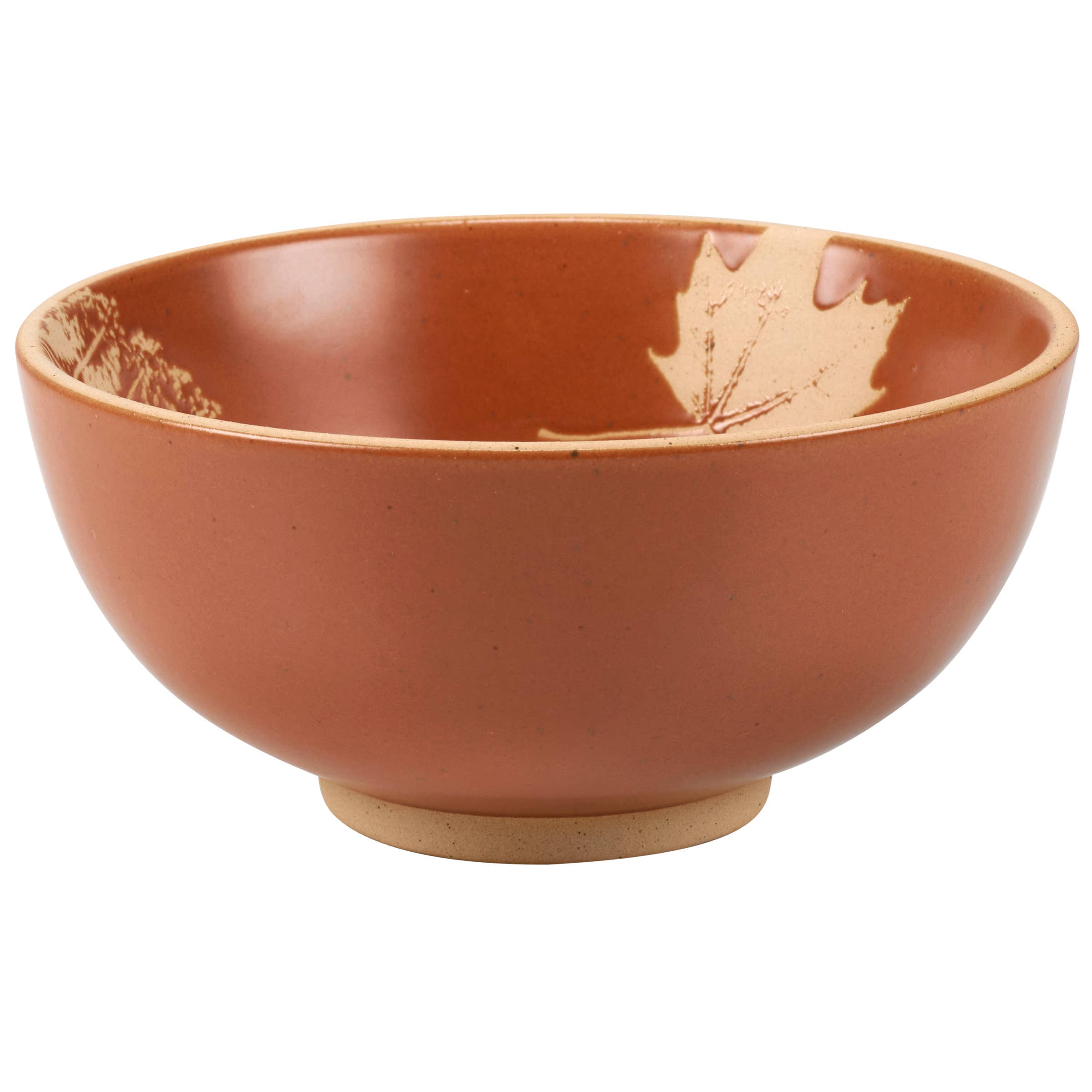 Terracotta ceramic bowl with natural wood base and leaf motif decoration on rim.