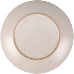 Beige ceramic charger plate with gold rim and concentric circle design, top view.