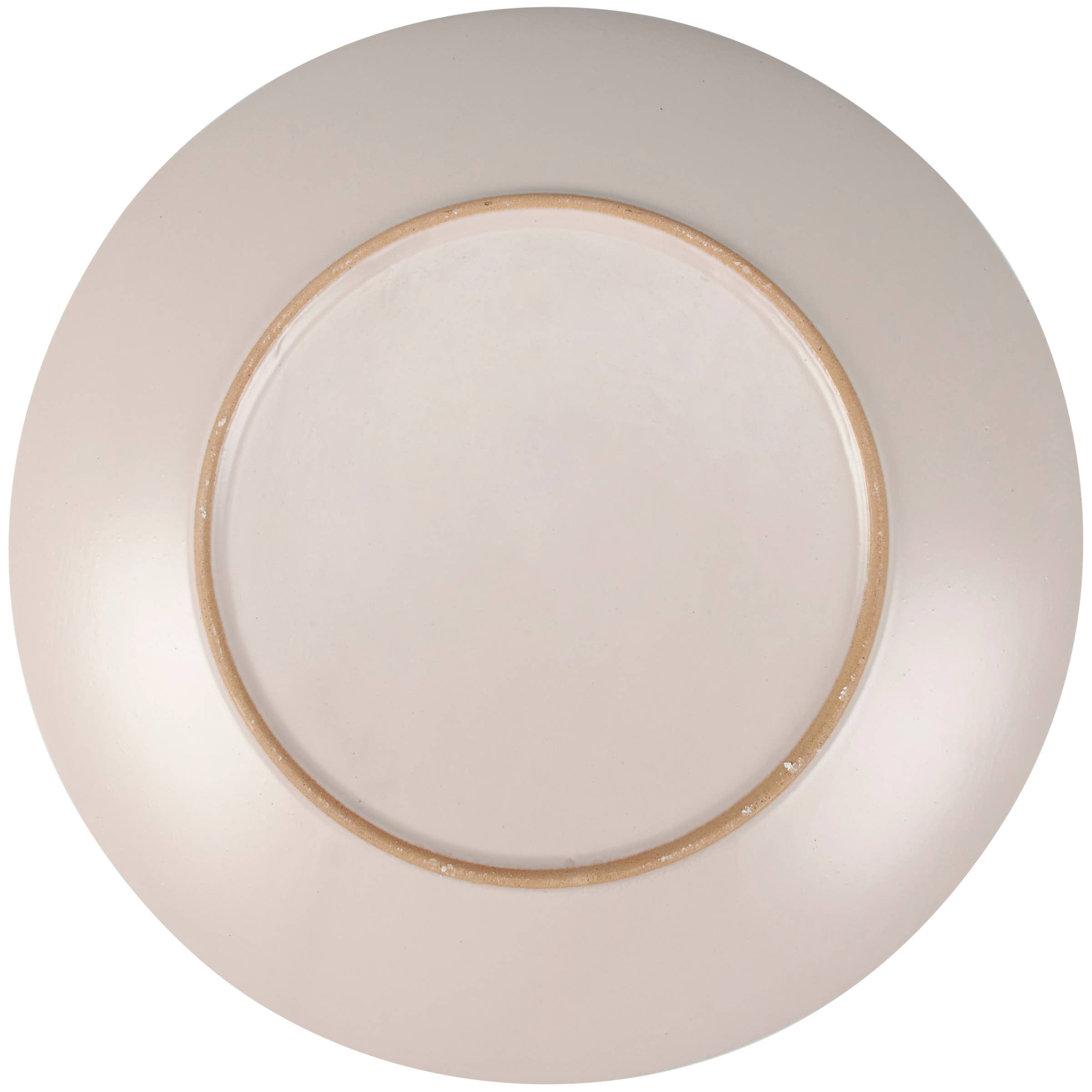 Beige ceramic charger plate with gold rim and concentric circle design, top view.