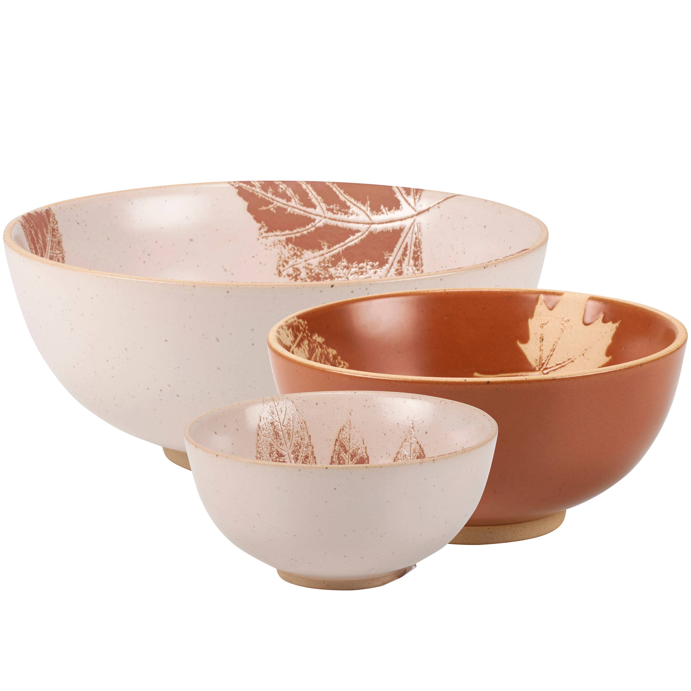 Three nesting ceramic bowls in cream and terracotta with leaf and botanical print details.
