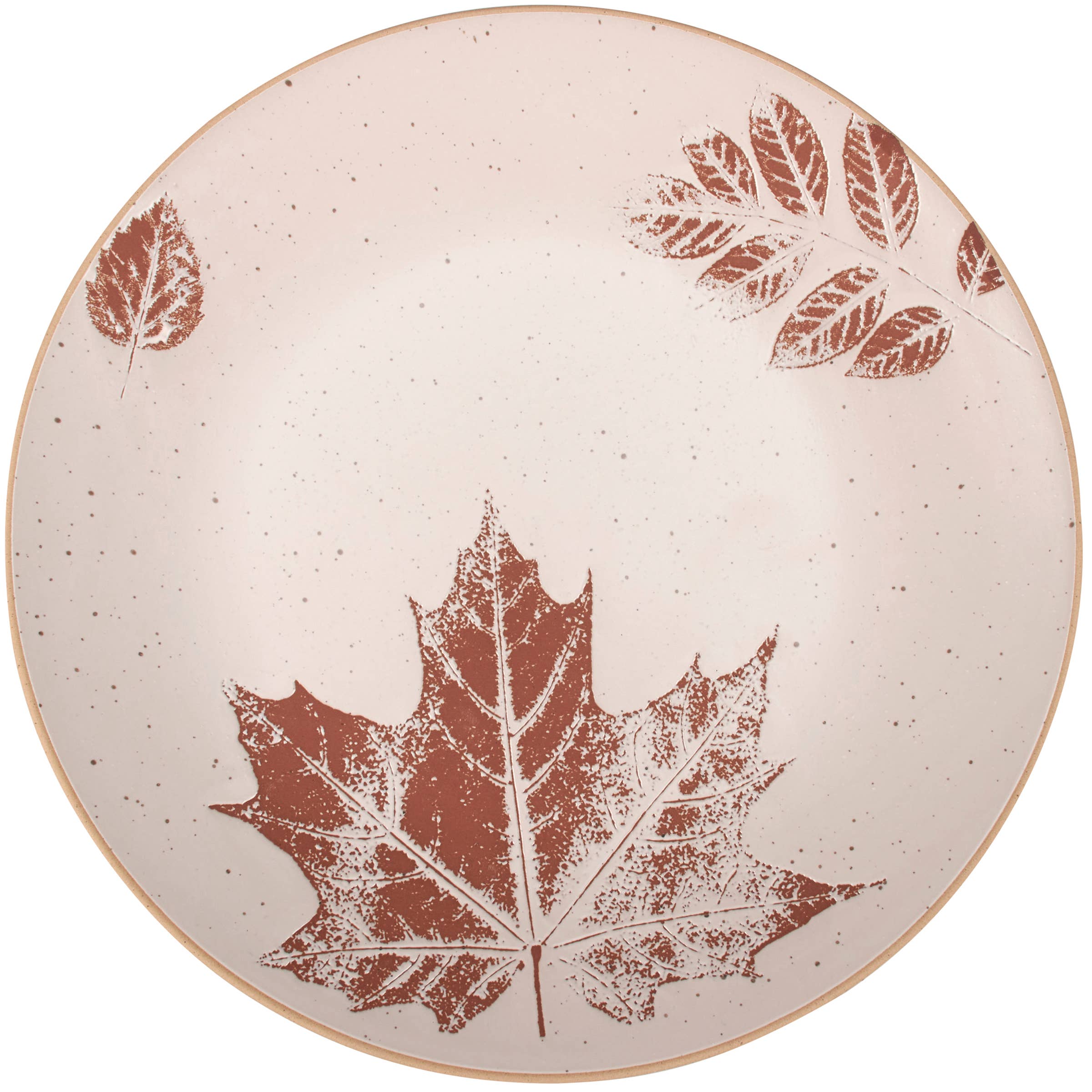 Cream ceramic plate with rust-colored leaf impressions featuring a large maple leaf in the center and smaller foliage scattered around the rim.