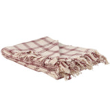 Red and cream plaid throw blanket with fringe detailing folded on white background.